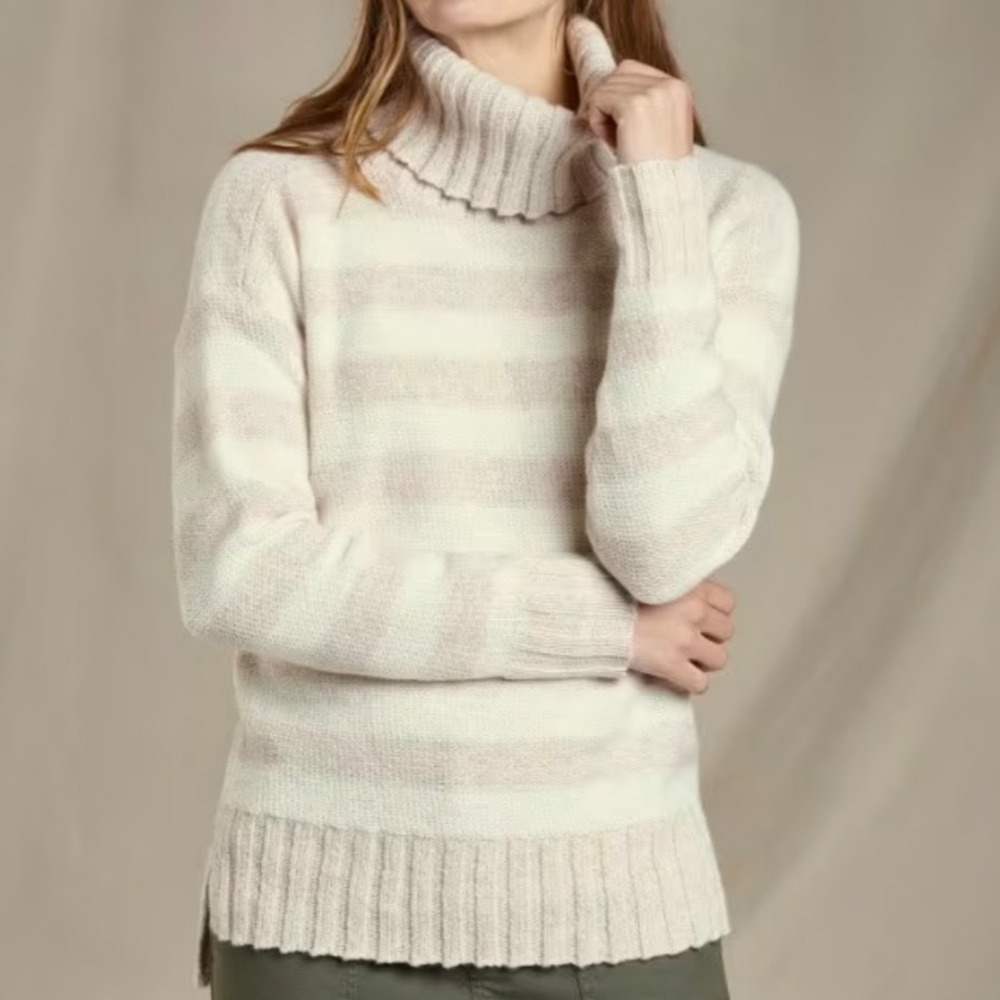 Toad&Co Audrey Turtleneck Sweater‎ Women's Size S Egret Tan Stripe Recycled Wool